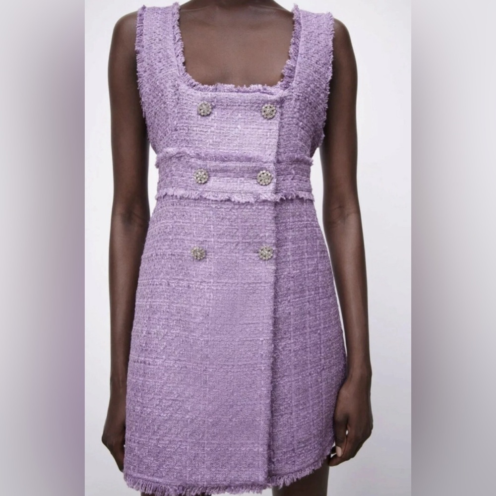 ZARA Lilac Purple Tweed Rhinestone Button Mini Dress Size Medium NWT/EUC - Picture 2 of 9